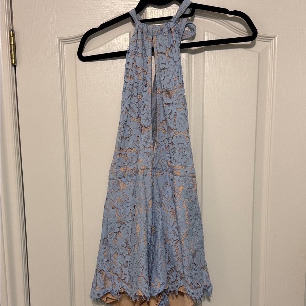 Blue lace romper with front keyhole and backless